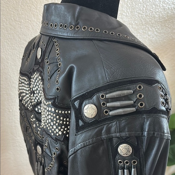 RARE VINTAGE BAJA Trading Company Studded Eagle Rhinestone 100% Leather Jacket - Picture 9 of 16